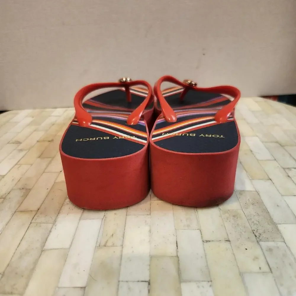 Tory Burch navy and red striped rubber wedge flip-flop sandals